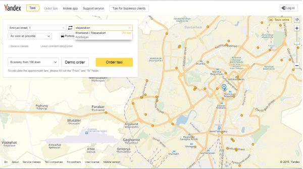 Yandex տաքսիի քարտեզում Ստեփանակերտը նշված է որպես Ադրբեջանի Խանքենդի