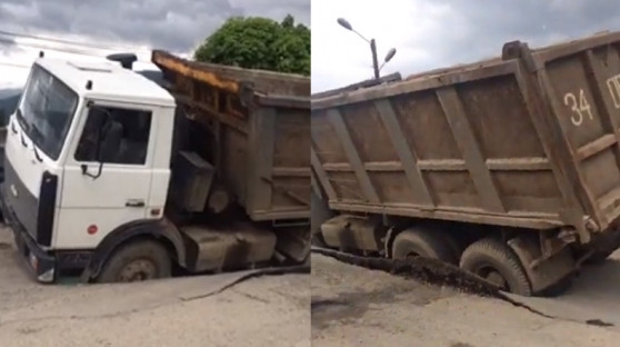 Վանաձորում բեռնատարի ծանրությունից ասֆալտը բացվել է, մեքենան ընկել է մեջը